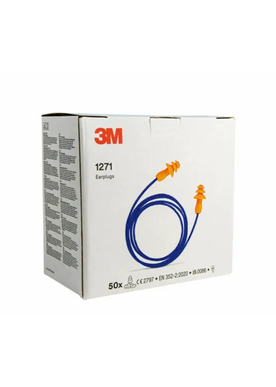 3M Ohrstöpsel 1271, wiederverwendbar, mit Kordel, 1 Paar (Pillow-Pack), 50 Paar/Schachtel