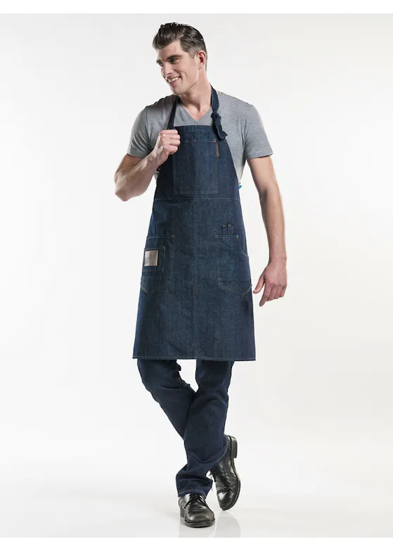 Chaud Devant Schort Bib Apron Multipocket Blue Denim