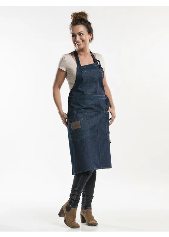 Chaud Devant Schort Bib Apron Multipocket Blue Denim